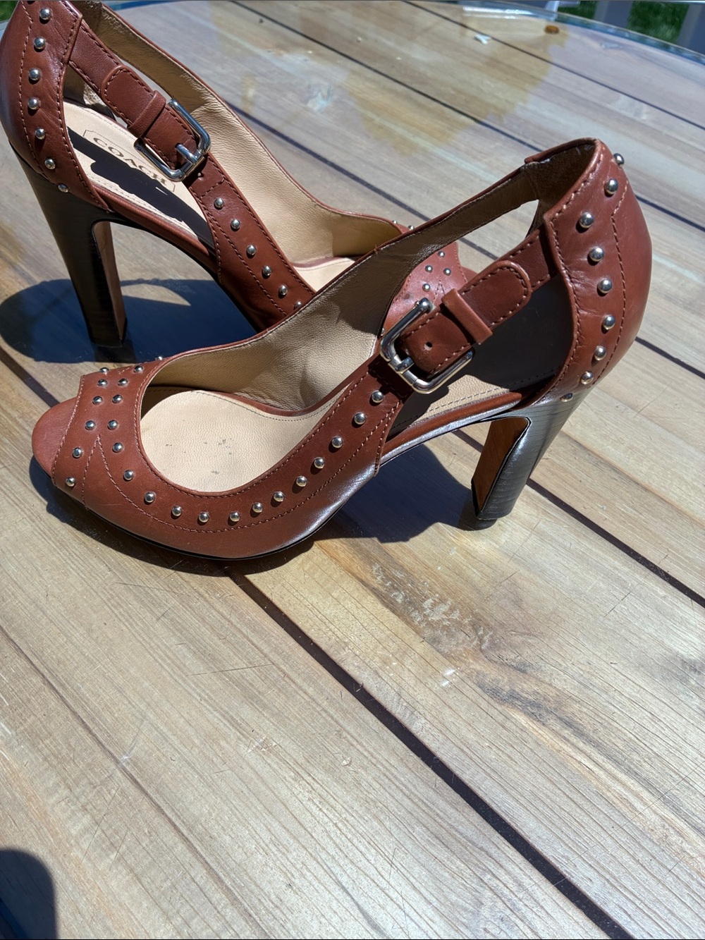Coach Billie Women's Brown Studded Peep-Toe Heels with Buckle Strap - Picture 7 of 8